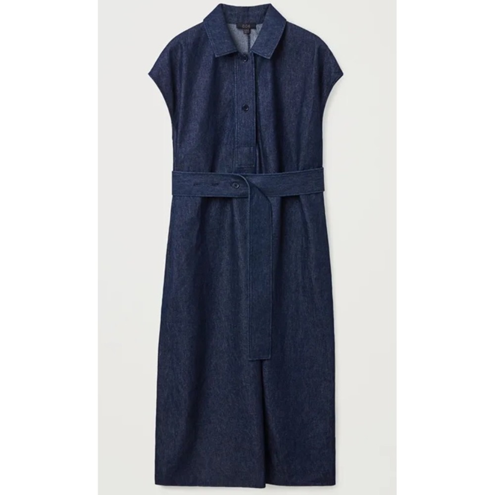 COS Indigo Blue Denim Belted Midi Dress Sleeveless Collared Cotton US 14 NEW